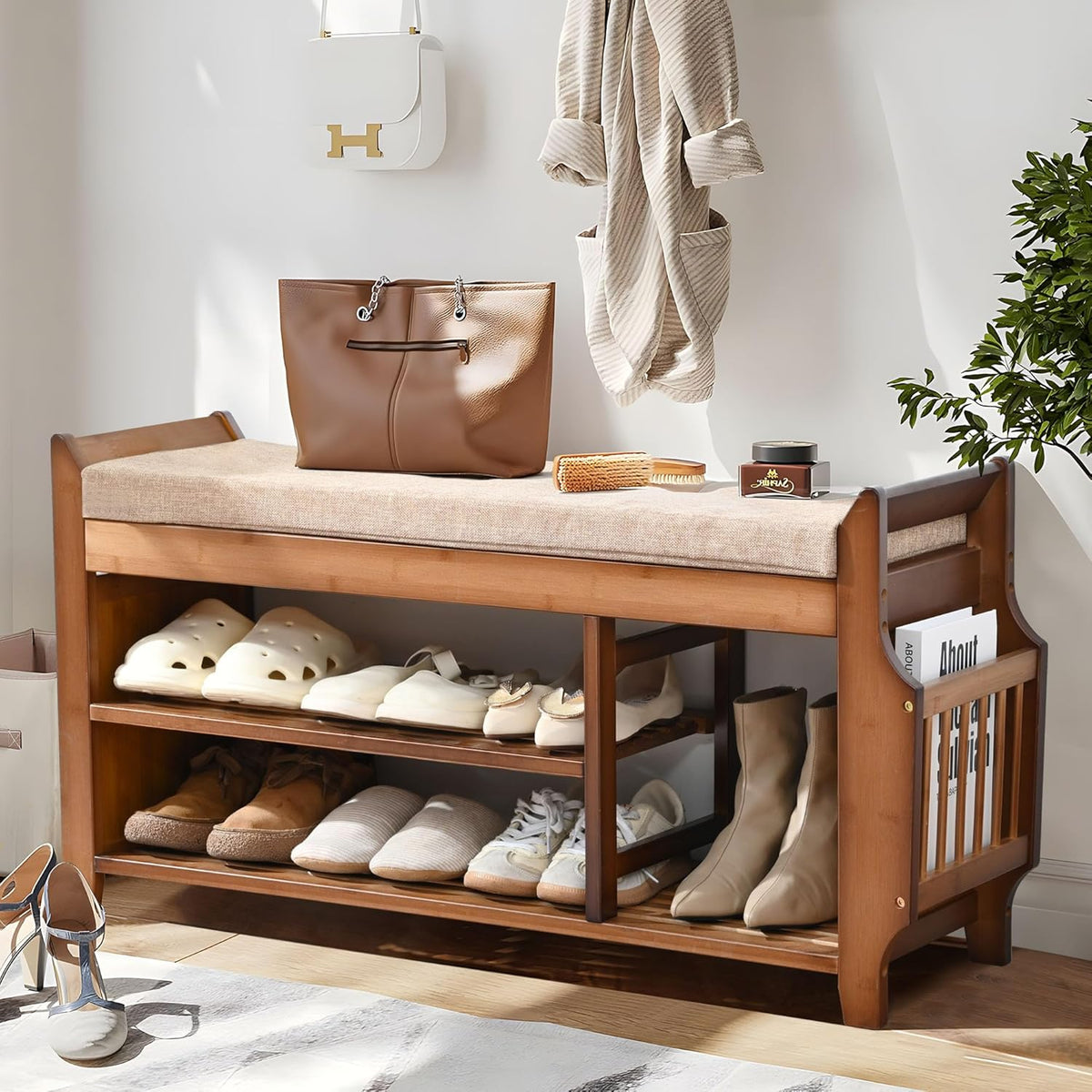 🏡 Rustic Bamboo Entryway Shoe Bench | 2-Tier Shoe Storage with Hidden Drawer & Soft Cushion 🌿✨