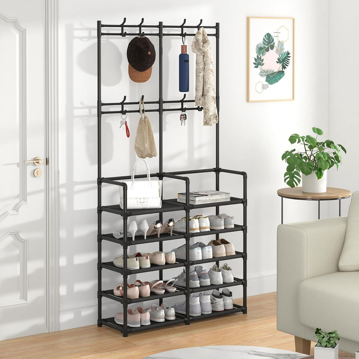 🏡 5-Tier Entryway Coat & Shoe Rack with 8 Hooks | Space-Saving Hall Tree Organizer for Shoes, Bags & Coats ✨