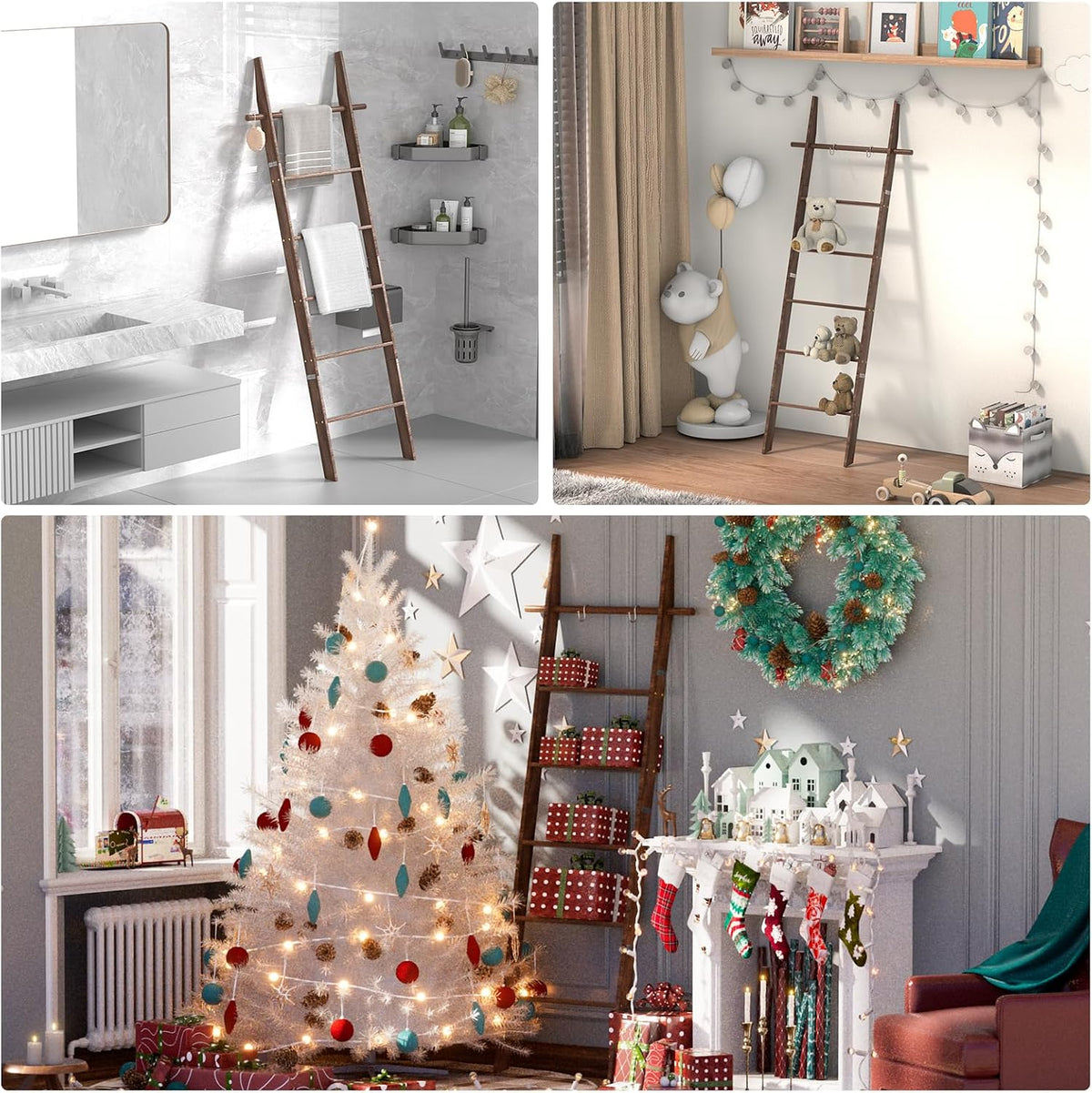 🪵 Rustic 6-Tier Wooden Blanket Ladder with 5 Removable Hooks | Farmhouse Towel, Quilt & Throw Display Rack for Cozy Home Decor 🌿