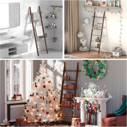 🪵 Rustic 6-Tier Wooden Blanket Ladder with 5 Removable Hooks | Farmhouse Towel, Quilt & Throw Display Rack for Cozy Home Decor 🌿