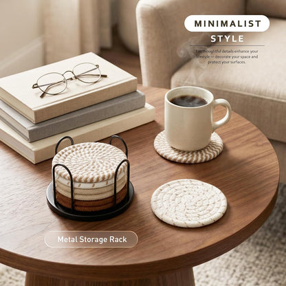 ☕ Cozy Cotton Linen Drink Coasters Set of 8 | Absorbent Non-Slip Table Protectors with Holder for Coffee Table, Kitchen & Home Bar ✨