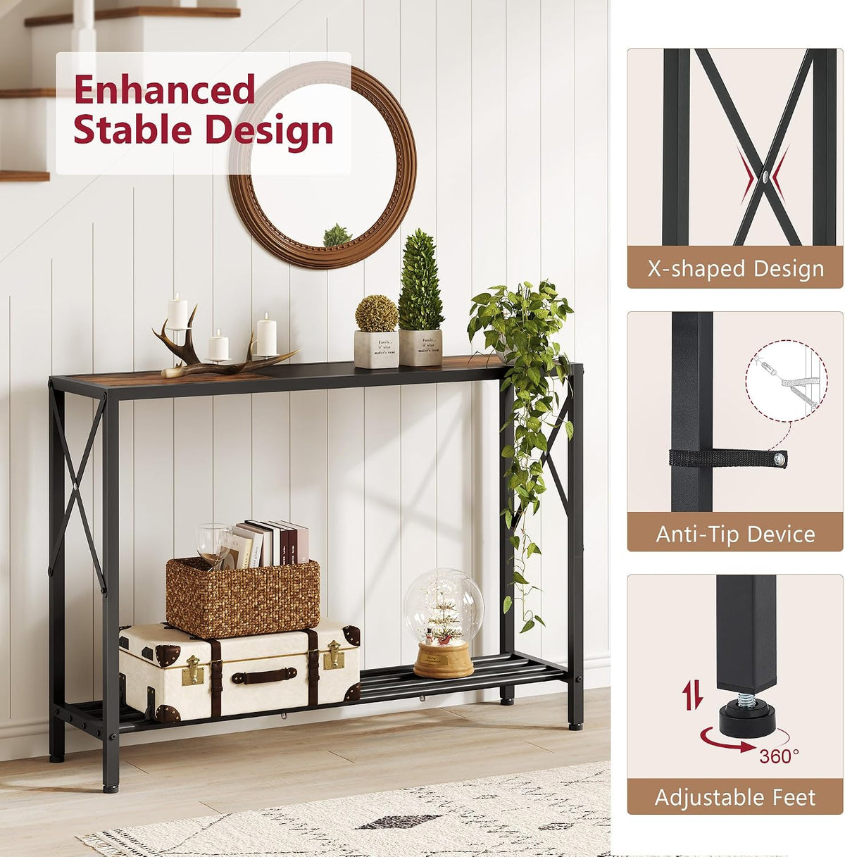 ✨ Rustic Industrial Console Table | 2-Tier Narrow Entryway & Sofa Table with Shelves 🏡