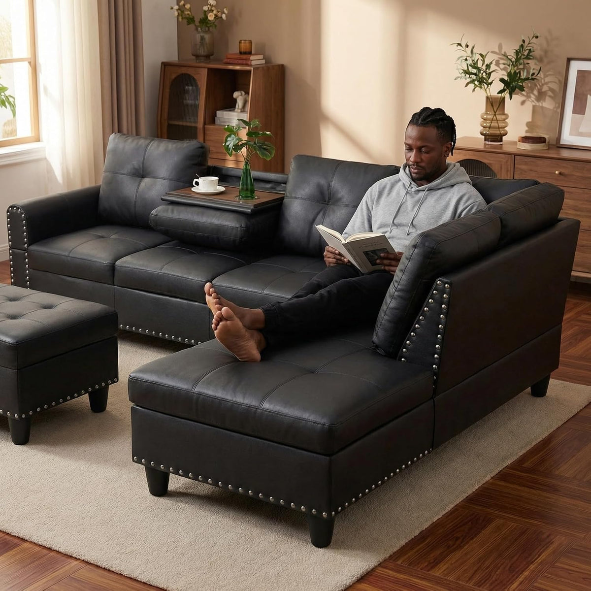 🛋️ Modern Leather L-Shaped Sectional Sofa | Cozy Living Room Couch with Chaise for Stylish Everyday Comfort ✨🏡