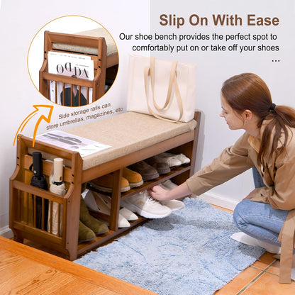 🏡 Rustic Bamboo Entryway Shoe Bench | 2-Tier Shoe Storage with Hidden Drawer & Soft Cushion 🌿✨