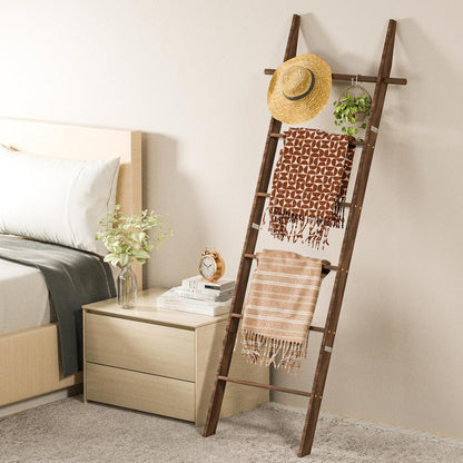 🪵 Rustic 6-Tier Wooden Blanket Ladder with 5 Removable Hooks | Farmhouse Towel, Quilt & Throw Display Rack for Cozy Home Decor 🌿