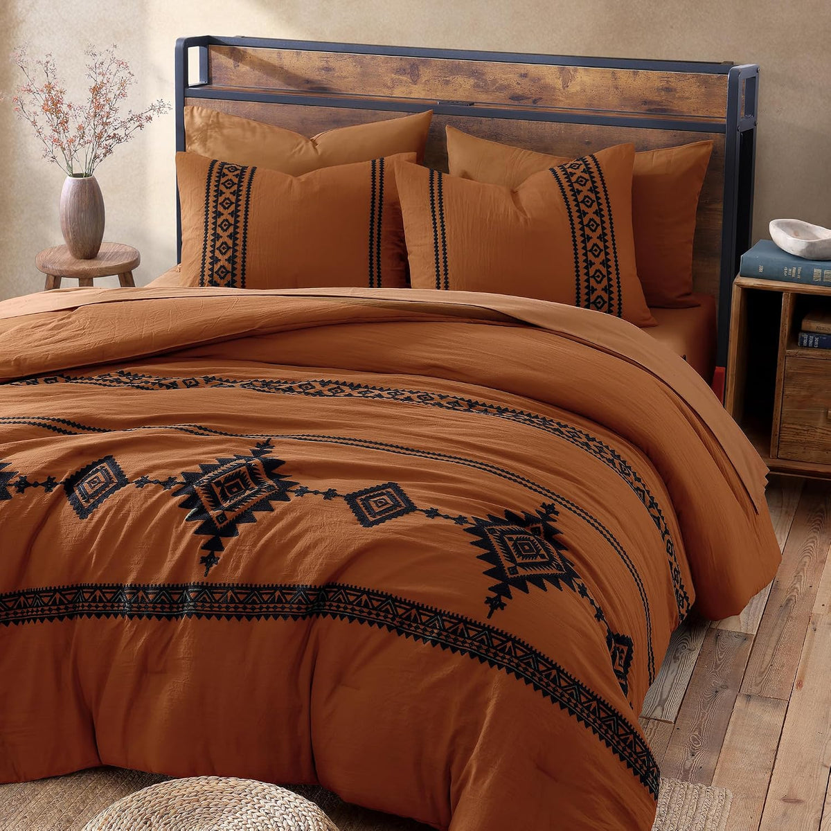 🤎 Boho Farmhouse Embroidered Comforter Set | 7-Piece Cozy Western Bedding Collection 🌿✨