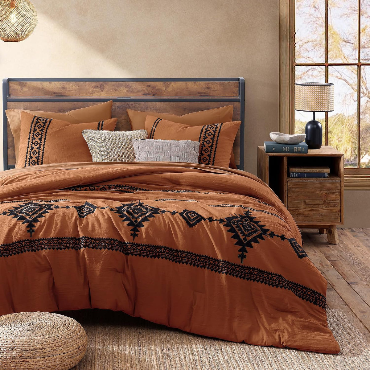🤎 Boho Farmhouse Embroidered Comforter Set | 7-Piece Cozy Western Bedding Collection 🌿✨