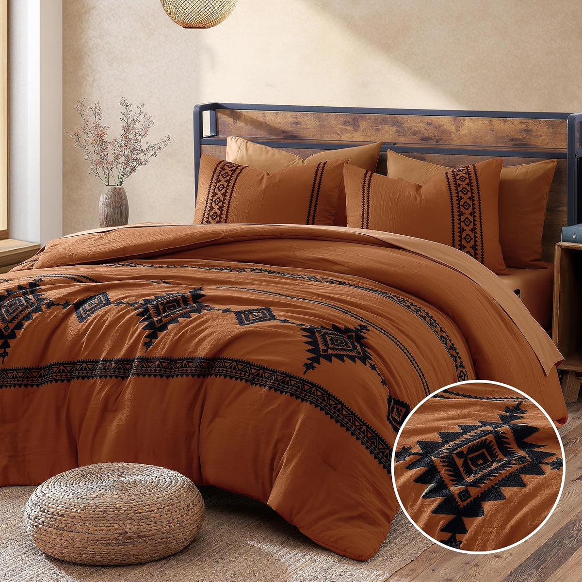 🤎 Boho Farmhouse Embroidered Comforter Set | 7-Piece Cozy Western Bedding Collection 🌿✨