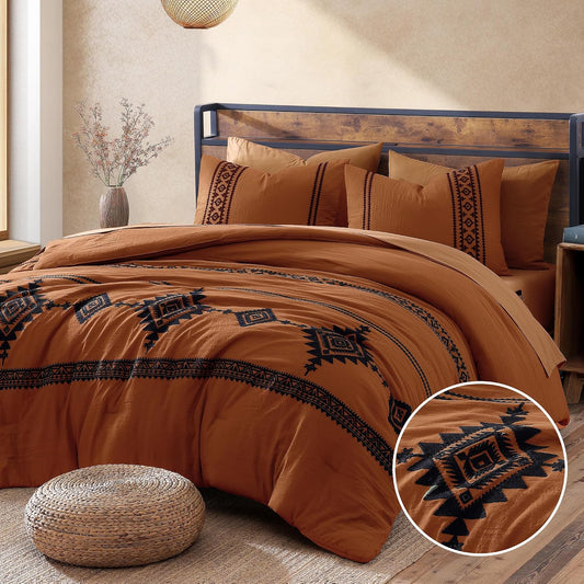🤎 Boho Farmhouse Embroidered Comforter Set | 7-Piece Cozy Western Bedding Collection 🌿✨